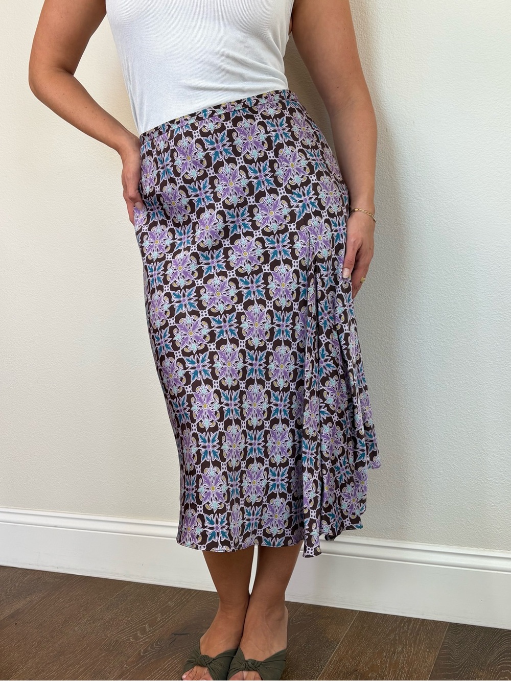 Vintage Valerie Stevens 100% Silk Slip Skirt Mosaic Tile Floral Print 8P